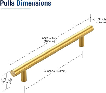 JOY DECOR 25 Pack 7-3/8 Inch Cabinet Pulls Kitchen Cabinet Handles with 5 Inch Hole Center Brushed Brass Cabinet Hardware Stainless Steel Kitchen Drawer Pulls for Cabinets Cupboard, 128mm Hole Centers