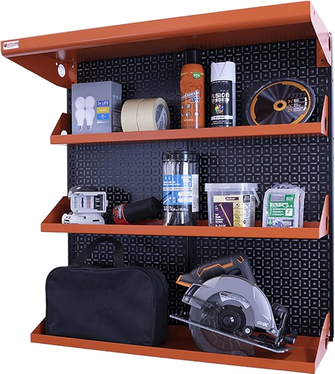 Metal Pegboard Shelving Organization System OmniWall Shelving Kit 32" x 32" Modular Pegboard- Panel Color: Black Accessory Color: Orange