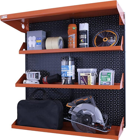 Metal Pegboard Shelving Organization System OmniWall Shelving Kit 32" x 32" Modular Pegboard- Panel Color: Black Accessory Color: Orange