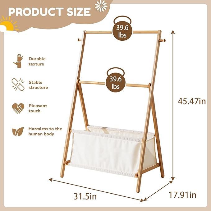 Kids Clothing Rrack- Kids Dress Up Rack for Little Girls, Bamboo Kids Clothes Rack-Feat FSC-Certified wood, Toddler Dress Up Storage Rack & Folding Costume Rack, Pets Clothes Rack, Natural