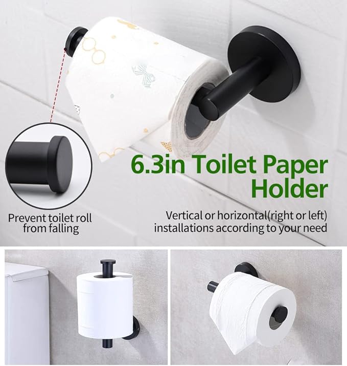 5pcs Matte Black Bathroom Hardware Set, Including 1pcs 24in Retractable Hand Single Towel Bar with 1pcs Toilet Paper Holders, 1pcs Towel Rings 2pcs Multifunctional Robe Hooks