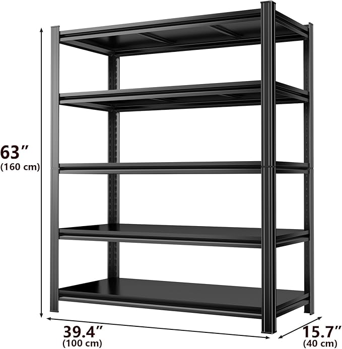 Metal Garage Shelving Unit 5-Tier Adjustable Heavy Duty Storage Shelves, 3000 lbs Capacity Steel Garage Storage Rack Organizer for Garage Basement Warehouse, Black 39.4" W x 15.7" D x 63" H