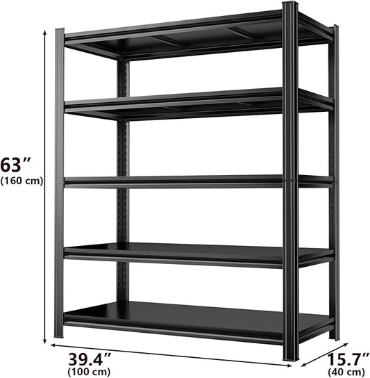 Metal Garage Shelving Unit 5-Tier Adjustable Heavy Duty Storage Shelves, 3000 lbs Capacity Steel Garage Storage Rack Organizer for Garage Basement Warehouse, Black 39.4" W x 15.7" D x 63" H