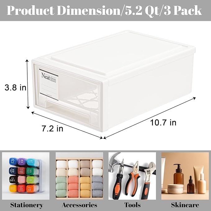 ZENFUN 3 Pack Plastic Stackable DrawerStorage Drawers Bins, Small Drawer-type Desk Organizer Boxes, Translucent Small Chest of Drawers, Stackable Drawers for Home, Office, Desktop