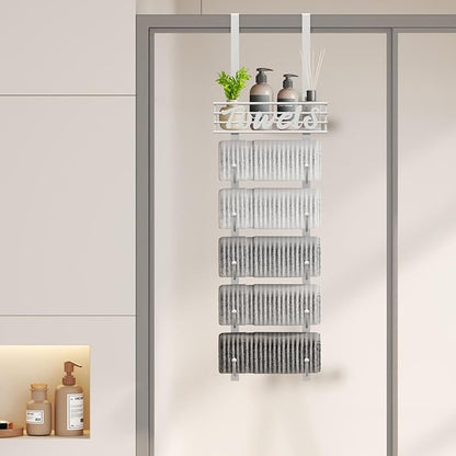 SWTYMIKI Hanging Towel Racks for Bathroom - 6 Tier Over The Door & Wall Mounted Bath Rolled Towel Storage Organizer Holder for Small Bathroom, RV, Camper, White (Patented)