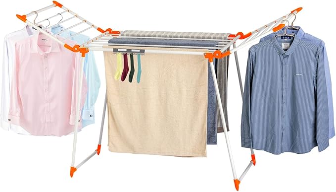 Clothes Drying Rack, Gullwing Laundry Rack, Collapsible, Space-Saving Laundry Rack, with Bonus Sock Clips, for Clothes, Towels, Linens, Indoor/Outdoor, Orange
