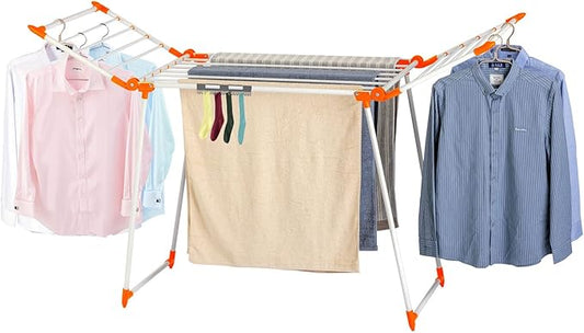Clothes Drying Rack, Gullwing Laundry Rack, Collapsible, Space-Saving Laundry Rack, with Bonus Sock Clips, for Clothes, Towels, Linens, Indoor/Outdoor, Orange
