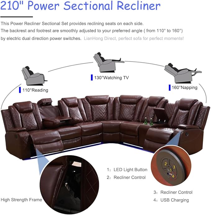 Power Recliner Sofa Set, Brown Power Reclining Sectional Sofa for Living Room, Breathing Leather Sectional Couch, Loveseat and Chair Sets with LED, USB, Cup Holders, Storage for House/Office