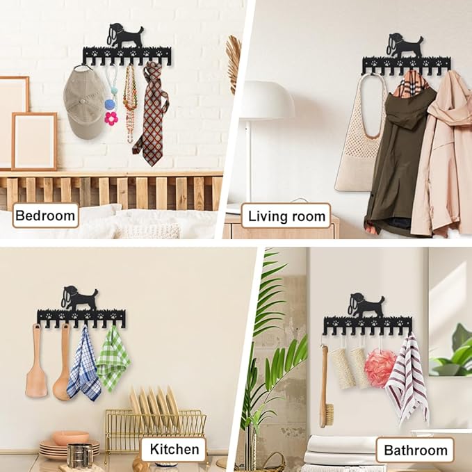 MAYJOYDIY Metal Dog Coat Hooks Wall Mount Dog Leash Coat Rack 9.8×4.7inch 10 Hooks Decorative Paw Black Key Hooks Key Holder for Wall Lover Gift Hanging Hats Towels Bags