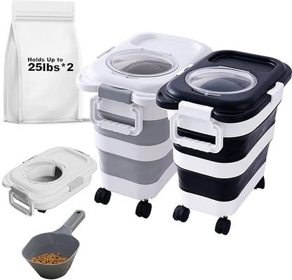 2pack 25 lbs Dog Food Storage Container,Collapsible Dog Food Container with Scoop,Pet/Dog/Cat/Bird Food/Cat litter Storage Containers to Keep Dry,Easy to Move.(Black+white)