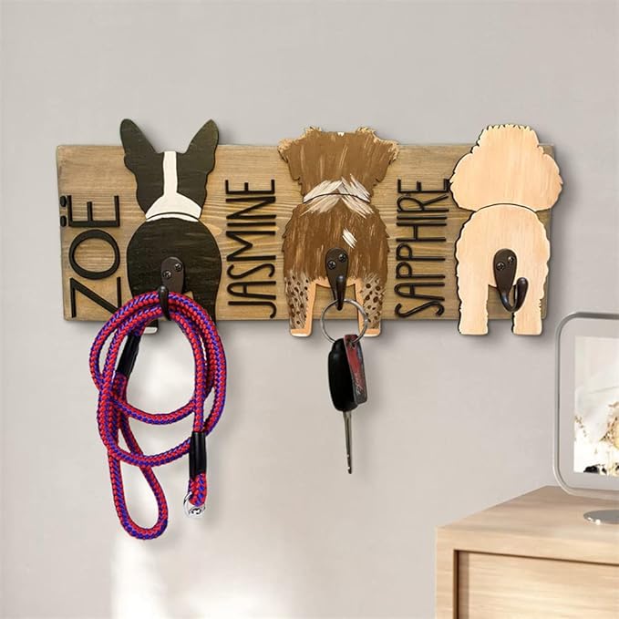 Personalized Dog Leash Holder for Wall Custom Name, Wooden Dog Butt Leash Hook, Decorative Key Rack Hooks Hanger for Entryway, Hallway, Farmhouse Dog Items Storage Organizer (3 Dog)