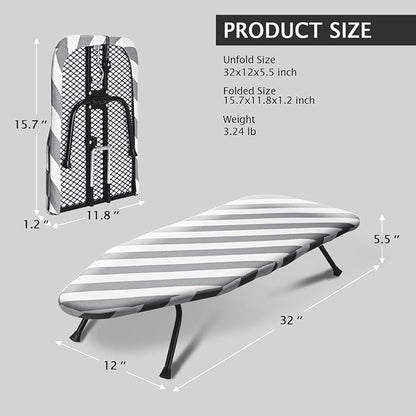 SheeChung Small Ironing Board 12"x32" Foldable Ironing Board with Cotton Cover and Pad,Tabletop Compact Ironing Broad with Retractable Hook & Skidproof Feet for Small Spaces Laundry Room,Grey Striped