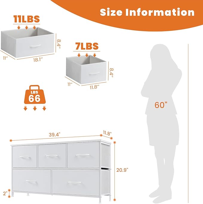 Sweetcrispy Dresser for Bedroom with 5 Storage Drawers, Fabric Storage Tower Organizer, Chest of Drawers with Metal Frame Wooden Top for Closet, Living Room, Entryway, White