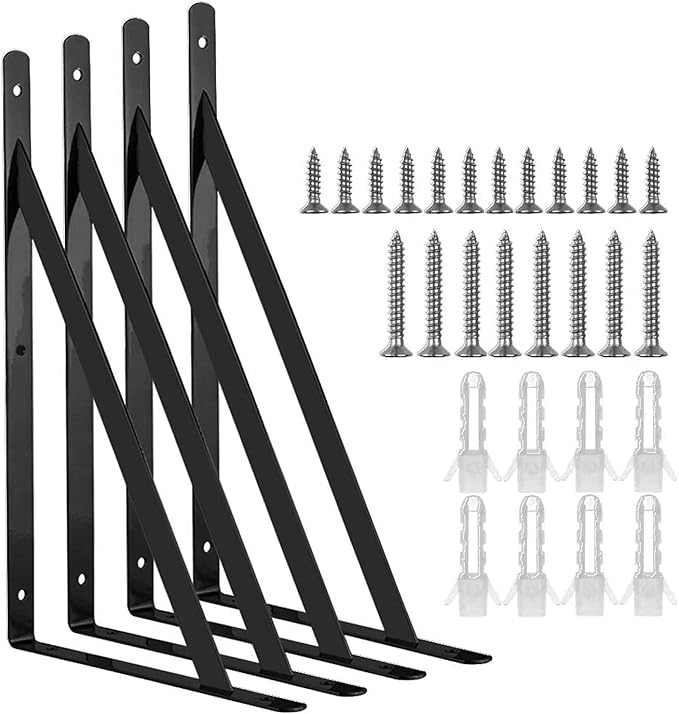 Acrux7 Black Shelf Brackets 8 x 5 Inch, 4 Pack Heavy Duty L Brackets for Floating Shelves - Metal Support Angle Brackets