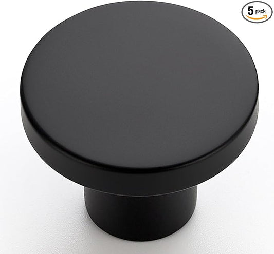 5 Pack Black Cabinet Knobs, 1-1/5 Inch Round Drawer Knobs for Kitchen Cabinets, Dressers & Closet Doors