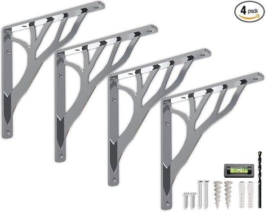 Rustic Tree Chrome Heavy Duty Shelf Brackets 6 inch by Balin Designs, Silver Decorative L Brackets, Iron Metal Floating Shelf Bracket, Wall Mount Shelving Bracket, Included Hardware, Set of 4