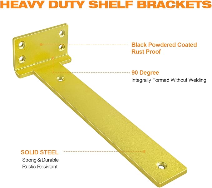 Floating Shelf Brackets 8 inch 4 Pack L Brackets for Shelves Gold Metal Heavy Duty Shelf Bracket for DIY Decorative with Mounting Hardware