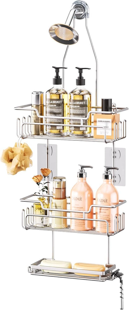 SWTYMIKI Bathroom Shower Caddy Hanging - 3 Tier Rustproof Over Shower Head Organizer, No Drilling Bathroom Shelf with 16 Hooks & Soap Holder, Anti-Swing Rack, Sand Nickel