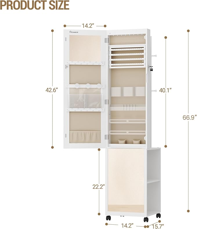 8 LEDs Jewelry Cabinet Armoire, 66.9-inch Jewelry Organizer with Garment Rack, Lockable Full-length Mirror with 4 Wheels, Storage Shelves with Hooks, 5-in-1, White and Beige JC17003BE
