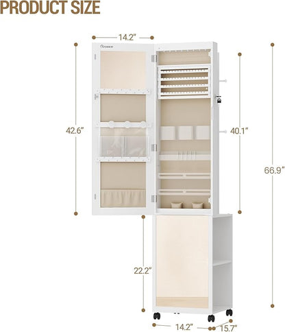 8 LEDs Jewelry Cabinet Armoire, 66.9-inch Jewelry Organizer with Garment Rack, Lockable Full-length Mirror with 4 Wheels, Storage Shelves with Hooks, 5-in-1, White and Beige JC17003BE