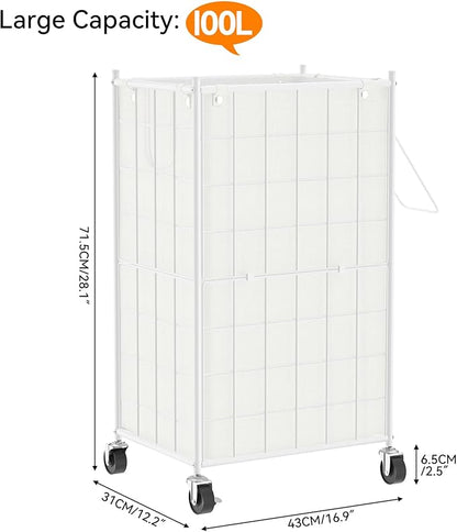 WOWLIVE Laundry Hamper with Wheels,Metal Wire Frame Rolling Laundry Basket with Removable bag,100L Dirty Clothes Hamper Organizer Dorm Room Storage for Bedroom,Bathroom,White