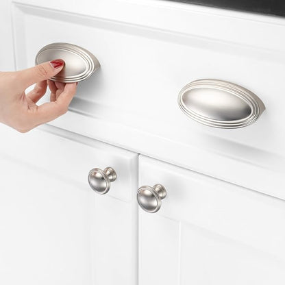 KOOFIZO 10 Pack 3 Inch Drawers Pulls Brushed Nickel Cabinet Handles Satin Silver Cabinet Cup Pulls for Kitchen Cabinets P33 Drawer Dresser Cupboard Bedroom Bathroom