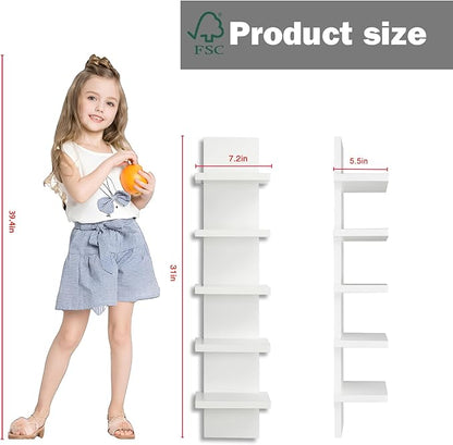 5 Tier Wall Shelves White, Vertical Column Shelf Floating Storage Home Decor Organizer Tall Tower Design Utility Shelving Bedroom Living Room, 30.7, 31