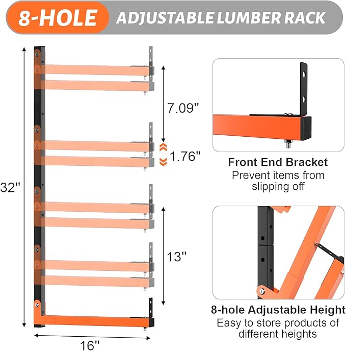 32" Lumber Storage Rack, Upgrade Folding Lumber Rack Wall Mount, Heavy Duty Adjustable Metal 8 Level Wood Storage Rack for Garage Storage Organization, 4 Packs