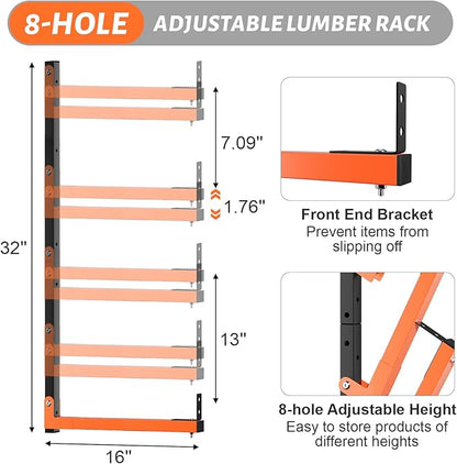 32" Lumber Storage Rack, Upgrade Folding Lumber Rack Wall Mount, Heavy Duty Adjustable Metal 8 Level Wood Storage Rack for Garage Storage Organization, 4 Packs