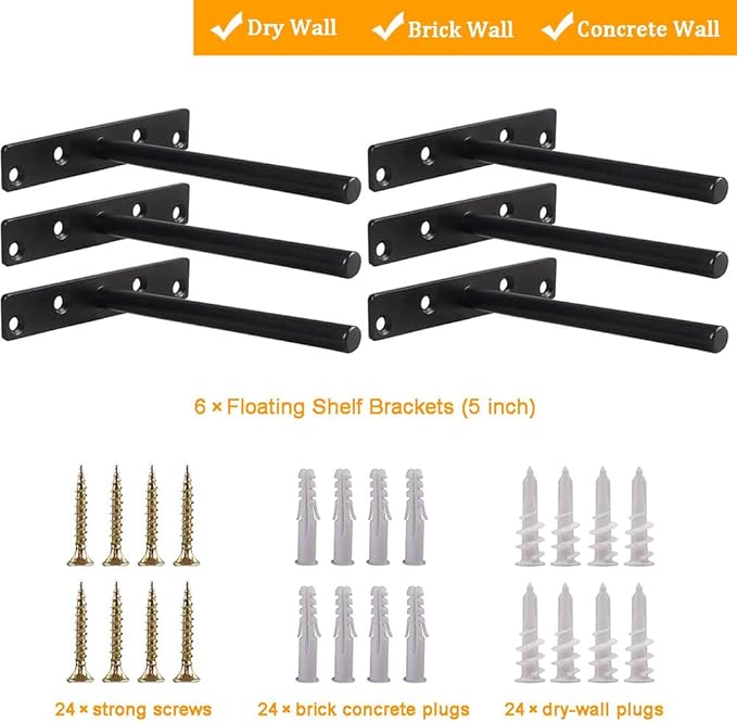 Blind Floating Shelf Brackets 5 Inch - DIY Heavy Duty Wall Shelf Brackets, Solid Steel Matte Black Hidden Support with Hardware for Custom Wood Shelves (6 Pack)