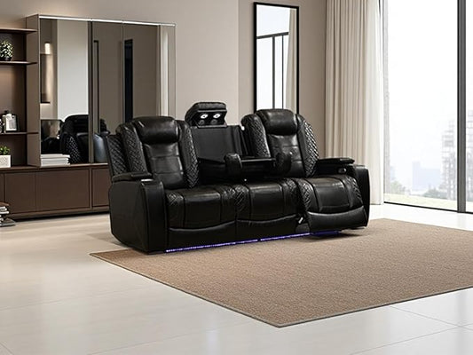 Reclining Power Sofa Set, Living Room Furniture Sets, Black Power Reclining Living Room Sofa Couch Set Breathing Leather Sofa with Cup Holder/LED Light/USB Port for Office, RV Car, Office