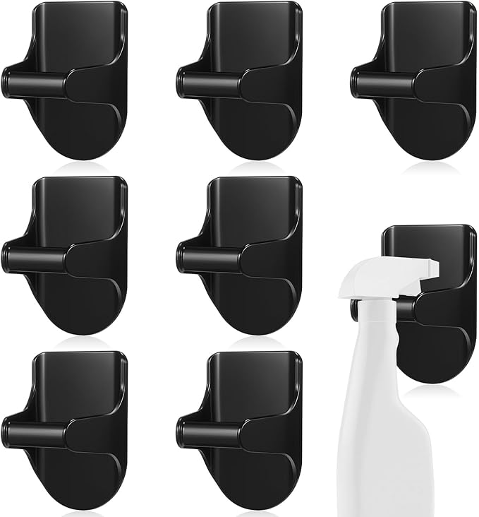 Taiyin 4 Pcs Wall Mount Spray Bottle Hooks Holder Spray Bottle Hanger Adhesive Hook to Create Storage Space Rack Organizer Hanger for Cabinet Kitchen Variety Surfaces (Black)