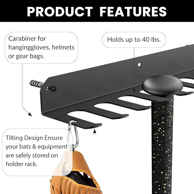 Wall Mount Baseball Bat Rack, Hold 16 Bats, Home Gym Sports Equipment Organizer Hanger, Olympic Barbells Holder, Heavy Duty Hooks for Hangs Bats,Gloves,Hats,Bags,Balls,Row Handles or Tools, 2 Pack