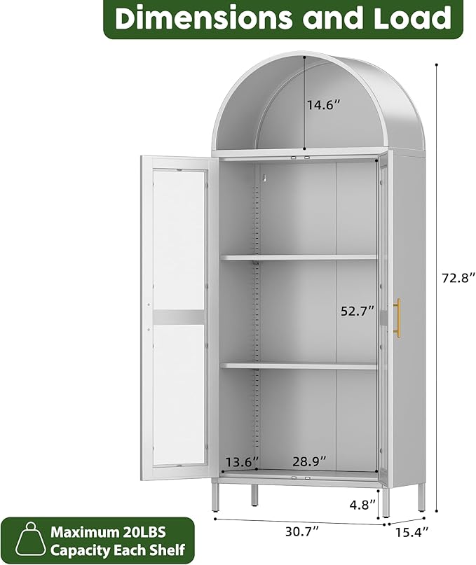 72.83" H Metal Arch Display Bookcase Cabinet, with Glass Doors and 2 Adjustable Shelves, Kitchen Pantry Cabinet for Home, Office,Assembly Required, White