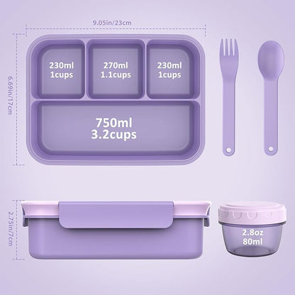 Caperci Bento Box Adult - 50 oz Large Lunch Containers for Adults and Teens, 4-Compartment Bento Lunch Box with Utensils & Leak Proof Sauce Cup, Dishwasher Safe, Durable, BPA-Free (Lavender)