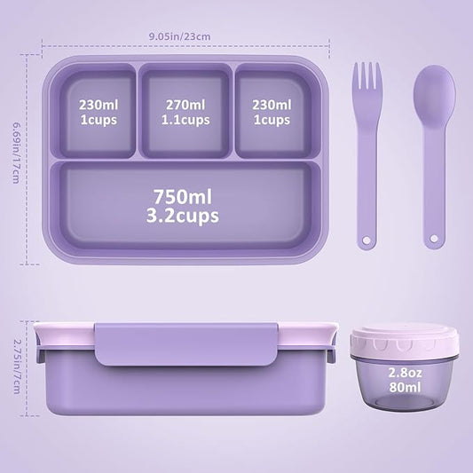 Caperci Bento Box Adult - 50 oz Large Lunch Containers for Adults and Teens, 4-Compartment Bento Lunch Box with Utensils & Leak Proof Sauce Cup, Dishwasher Safe, Durable, BPA-Free (Lavender)