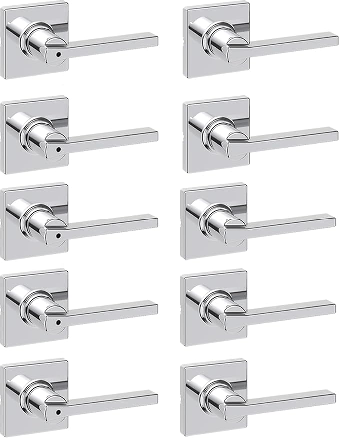 Kwikset Casey Hallway Passage and Bed/Bath Privacy Door Handle 10 Pack, 5 Passage Levers and 5 Privacy Levers, Polished Chrome Reversible Interior Handles