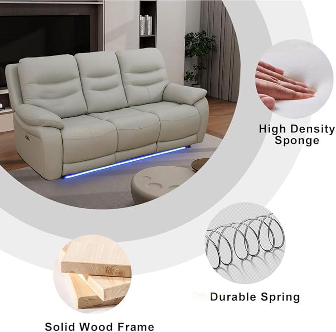 Breathing Leather Power Reclining Sofa, Living Room Furniture Sets, Light Grey Power Recliner Sofa Couch with 2 Recliner Seats/Cup Holders/LED Light/USB Port for Living Room, Office, Rv Car