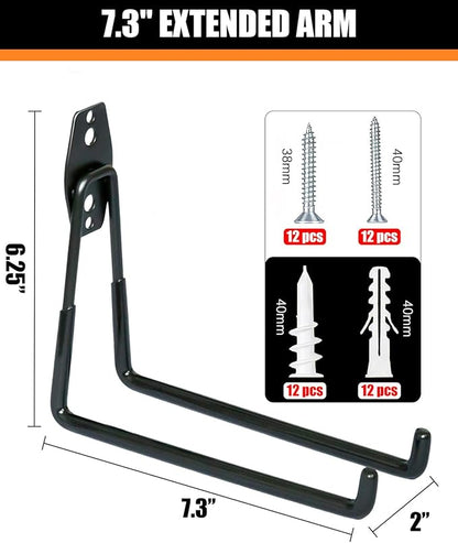 WMK 7.3'' Heavy Duty Garage Hooks, 6 Pack Wall Mount Garage Storage Hooks for Hanging Bike, Ladder, Tools - 100LB Load Capacity, Triple-Welded, PVC Coated (Black)