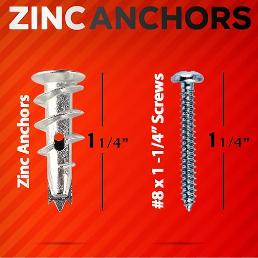 20Pcs Zinc Self Drilling Drywall Anchors and Screws kit #8 x 1-1/4”- Metal Wall Anchors for Drywall Heavy Duty, Holds Upto 50lbs – No Drill Hole Required with Dry Wall Screws and Anchors