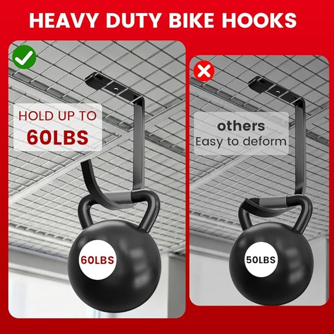 Bike Hooks for Garage Ceiling Mount Rack, Add on Storage Flat Hook Accessory Overhead Garage Hooks for Ceiling Rack and Wall Shelving(4 Pack)