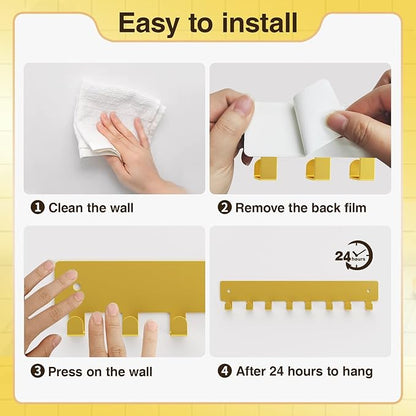pickpiff Key Holder Wall Mount, Adhesive Key Rack with 8 Hooks Hanger for Car Key Ring, Metal Key Chain Organizer, Gold 1 Pack