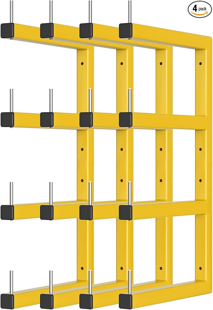 4-Pack Lumber Storage Rack, Wood Storage Racks Wall Mount, Heavy Duty Garage Wood Organizer with 8-Level System, Yellow Utility Rack Organization Up 1600 Lbs, Metal Lumber Shelf for Indoor & Outdoor