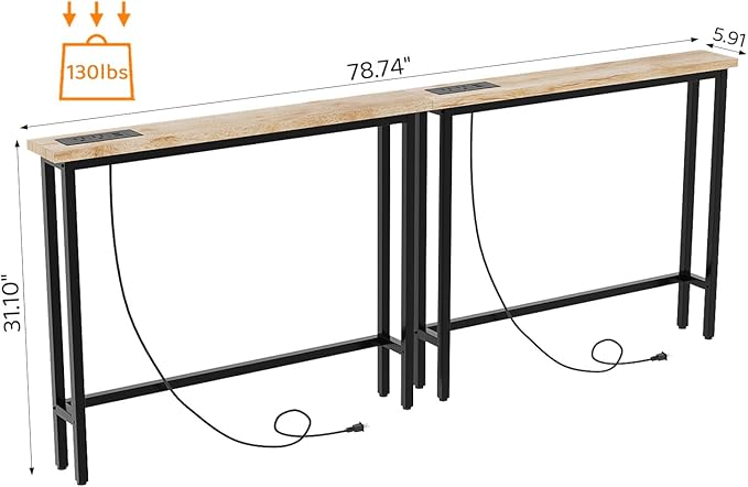 VINGLI 79" Console Table with Charging Station, 5.9" Narrow Sofa Table Set of 2, Entryway Table with Power Outlet & 4.9 Ft Extension Cord & Adjustable Feet, for Living Room, Hallway, Oak