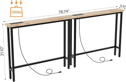 VINGLI 79" Console Table with Charging Station, 5.9" Narrow Sofa Table Set of 2, Entryway Table with Power Outlet & 4.9 Ft Extension Cord & Adjustable Feet, for Living Room, Hallway, Oak