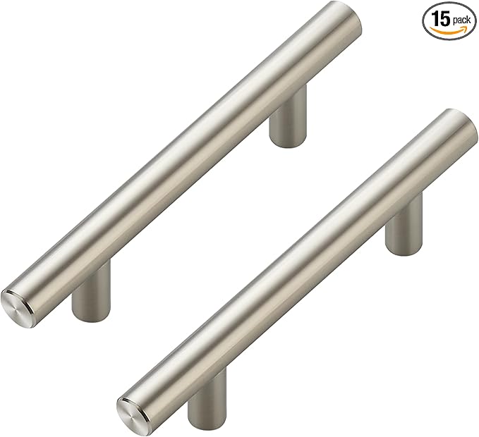 JOY DECOR 15 Pack Cabinet Handles, Brushed Nickel Cabinet Pulls, 3 in Hole Center Kitchen Cabinet Handles, Stainless Steel T Bar Handles for Dresser Drawers