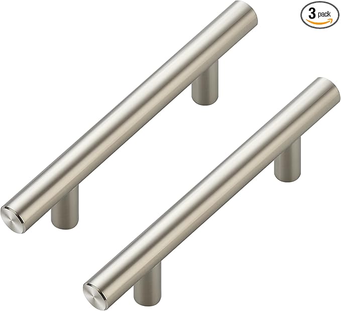 JOY DECOR 3 Pack Cabinet Handles, Brushed Nickel Cabinet Pulls, 3 in Hole Center Kitchen Cabinet Handles, Stainless Steel T Bar Handles for Dresser Drawers