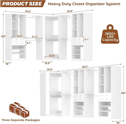 Large Closet System (Set of 3) with 4 Drawers, 8 Hanging Robs, 91.5"/151" Closet Organizer System with Corner Tower, Reversible Walk-in Closet System Corner Closet System, White