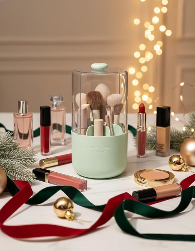 EACHY Makeup Brush Holder 360° Rotating with Dustproof Lid, Waterproof Material, 7 Compartments for Organized Storage, Stylish and Durable Design for Vanity (Green)