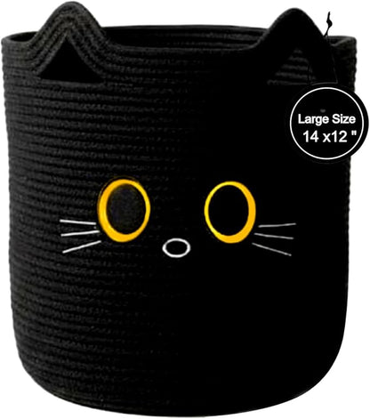 Kids Laundry Basket & Toy Storage Organizer | Large Black Cat Woven Cotton Rope Bin for Stuffed Plushies | Animal face Hamper with Cutout Handles for Nursery, Playroom & Kid’s Bedroom (Black Cat)